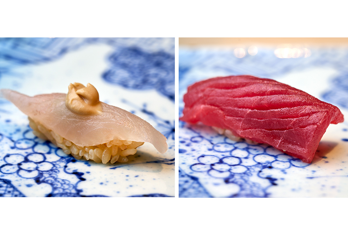 ふふ東京 銀座内にある「鮨 ぎんが」の寿司・マグロとカワハギ